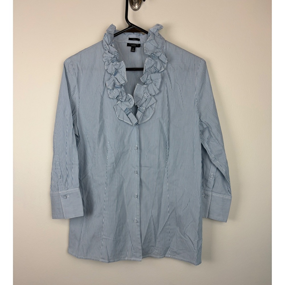 Talbots Ruffle Collar Blouse 8 Blue Striped Stretch 3/4 Sleeve Button Up Top